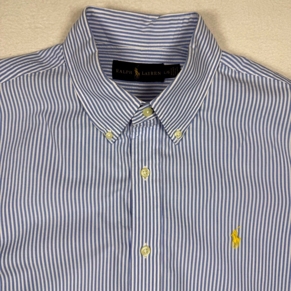 Ralph Lauren Mens Large Blue White Striped Short Sleeve Button Down